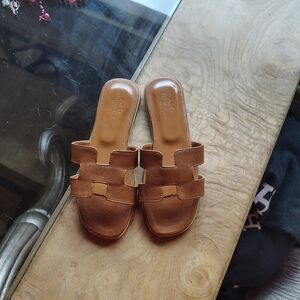 Brown Leather Slide Sandals